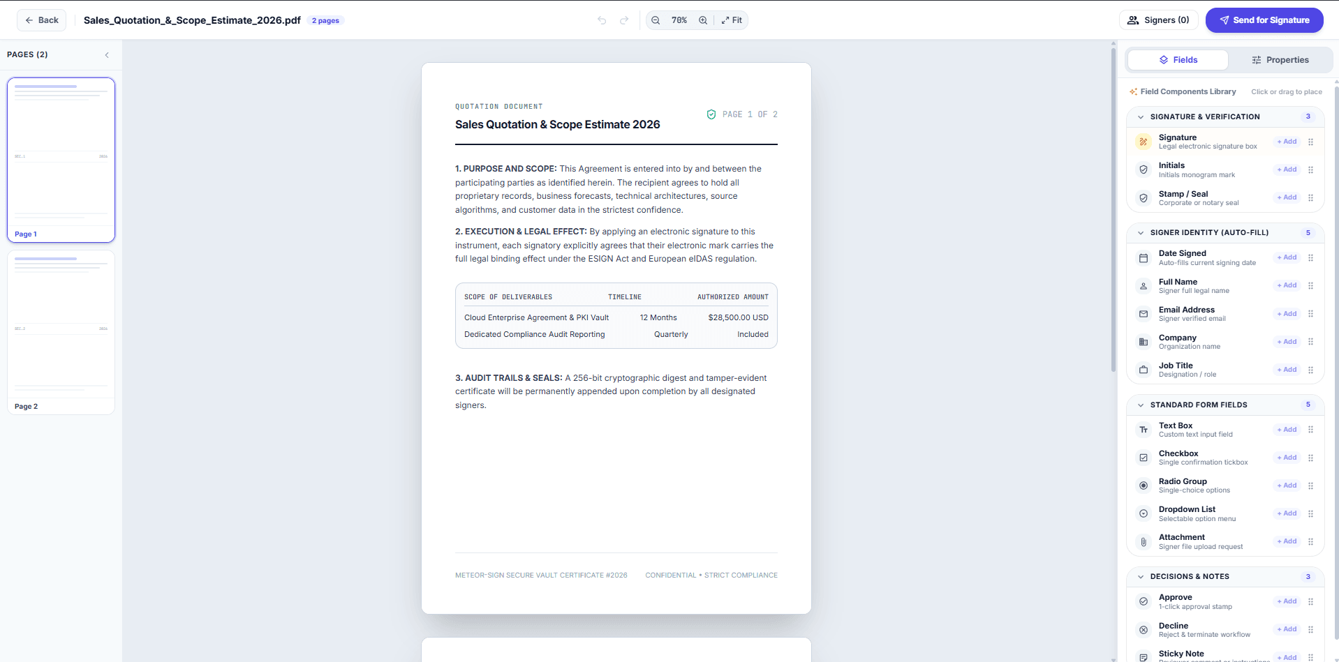 Meteor eSign document editor with page thumbnails, a sample quotation, and the signature and form-field library