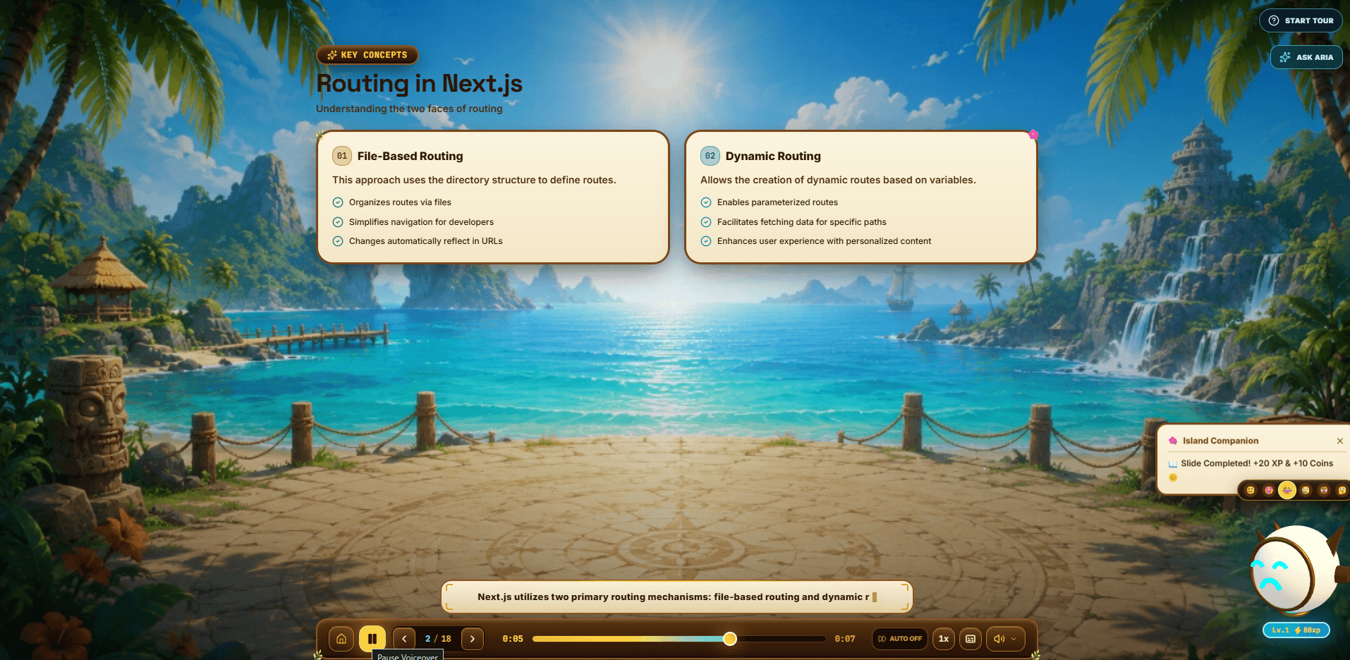Gamify lesson with concept comparison, slide navigation and narration controls